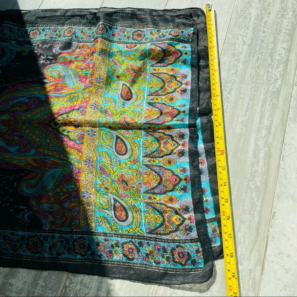 Vintage Rainbow Genuine Silk Paisley Rolled Hem Long Rectangular Women Men Scarf
